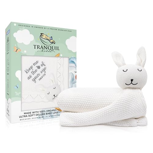 TRANQUIL KIDDO Christian Baby Blanket with Organic Lovey, Newborn Blankets for Boys & Girls with Bible Verse, Super Soft Knit Cotton, Gender Neutral, Christian Baby Gifts, Creme White