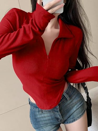 Image of Istyle Can Women's Top Solid Long Sleeve Ribbed Asymmetric Hem Casual T-Shirt with Zipper Collar. Full Sleeve, Rib Knit, Plain, Slim Fit