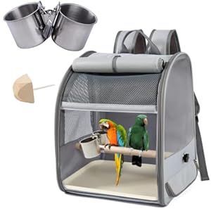 Transportbehälter für Vögel,Rucksack für Vögel mit Holzstab,Vogel transportbox,mit Edelstahl-Clip-Cups,tragbare Vogelträger Reisetasche,1 Backenzahnstein,1 Kunststoffpalette