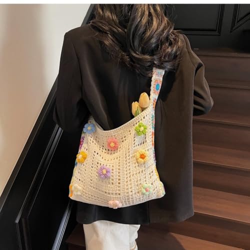 Crochet Knit Boho Shoulder Bag for women, Hollow Out Embroidery Crossbody Bag Tote Handbag for travel,beach,work4