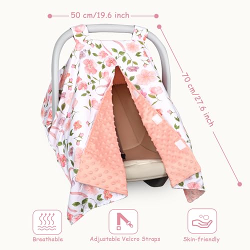 Image of TANOFAR Baby Carseat Canopy, Peekaboo Opening Car Seat Canopy for Babies, Soft and Breathable Infant Carrier Canopy, Multi-use Baby Carrier, Stroller, Nursing Cover, Minky Blanket, Pink Bow