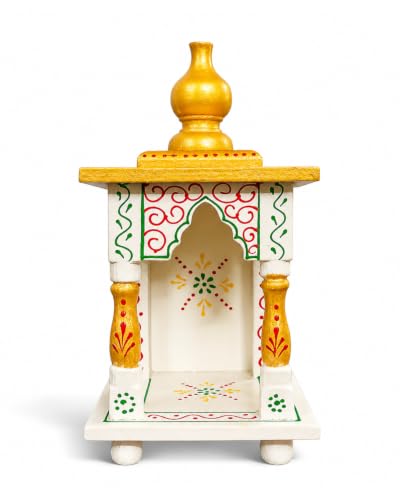 Image of Hindu Hand Crafted Wooden Puja Mandir with Drawer | Religious Home Decor Temple | Wood Art & Craft Mini Home Office Pooja Mandir White & Golden Finish