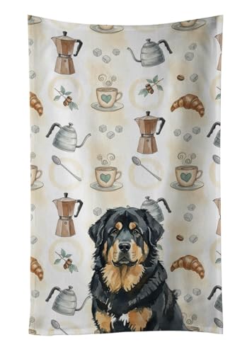 Caroline's Treasures Black and Tan Tibetan Mastiff Coffee Bar Kitchen Towel Velour Plush Front and Cotton Loop Back Machine Washable