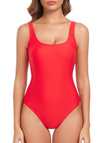 Deriwone One Piece Swimsuit Tummy Control Swimming Costume Retro Scoop Back Swimwear Padded Bathing Suits S,Red