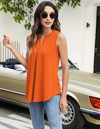 Newchoice Womens Loose Tank Tops Dressy Casual Summer Tops Pleated V Neck Sleeveless Blouses Shirts (Orange, M) #TOP7