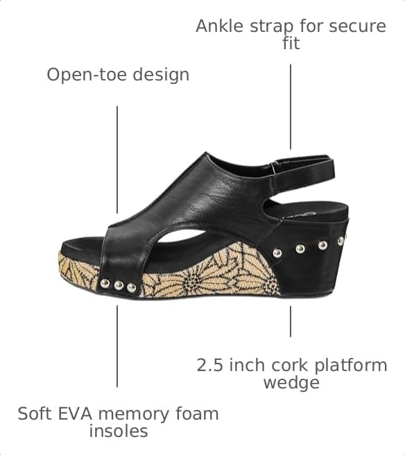 Image of Corkys Footwear Womens Carley Wedges, Featuring Corkys EVA Foam Cushioned Insoles, A 2.5 Inch Heel, Lightweight For All Day Wear, And Hook And Loop Closure
