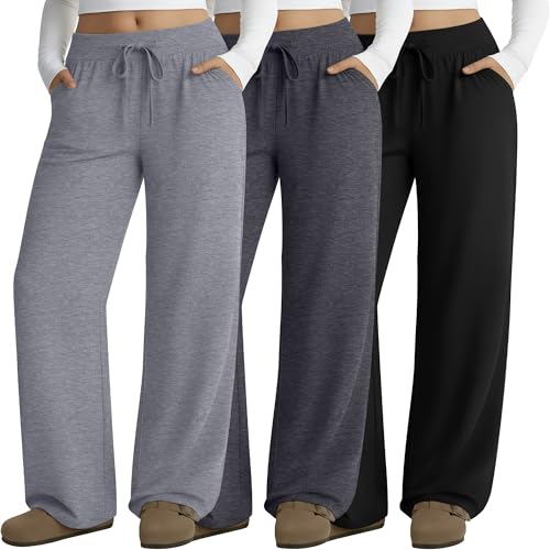 Neer Lot de 3 Pantalons de Détente Grande Taille pour Femmes, Pantalons de Yoga à Jambes Larges, Survêtements Ample Jogger(Gris Clair, Gris foncé, Noir,XXL)