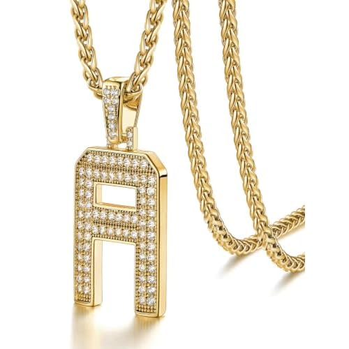 U7 Gold Initial Number Necklace for Men Women, 18K Gold/Silver Plated Diamond CZ Letter Pendant Necklace Big A-Z 0-9 Hip Hop Jersey, Customerized Letter Wheat Chain 22 Inch for Athletes Rapp