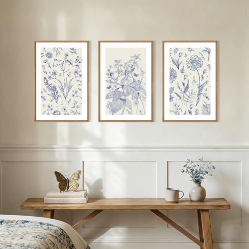 Image of KAIRNE Navy Blue and White Floral Framed Canvas Wall Art Set,Chinoiserie Flower Wall Decor,Watercolor Botanical Art Prints,Modern Wildflower Artwork for Living Room,Bedroom,Farmhouse,Office-16 x24 x3