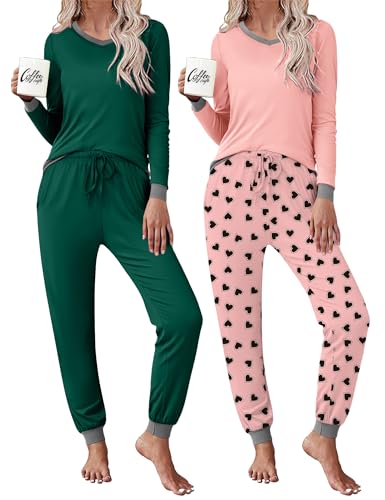 Frcdaunrs Matching Pajamas Set for Women Cute Fall Pjs Long Sleeve 2 Piece Warm Sleepwear Cozy Loungewear Heart Print