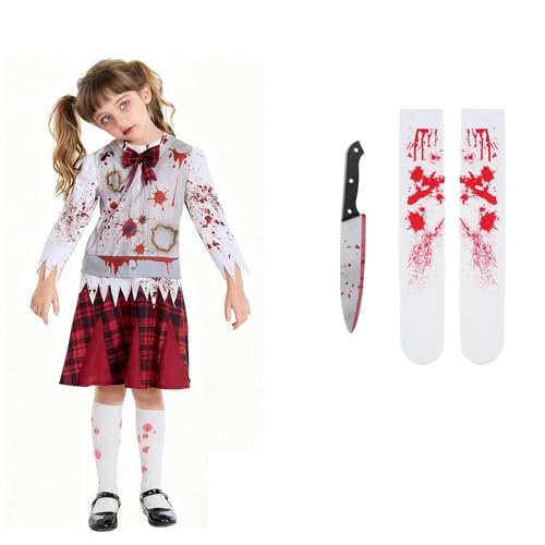 YELKOEYN Zombie Kostüm Mädchen - Scary Schulmädchen-Kostüm mit Gefälschte Messer, Blutiges Zombie-Mädchen für Kinder Karneval Fasching
