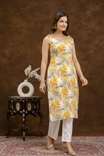 Image of Women Floral Printed Sleeveless Round Neck Pure Cotton Straight Kurti