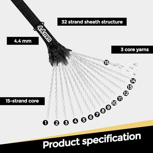 VITALUXE 1200lb Paracord Rope, 4.4mm 15 Triple Strands Paracord, Heavy Duty Tactical Parachute Cord for Survival Gear, Camping, Hiking, and Ideal for Bracelets, Lanyards, Type III, 500FT, Black by VITALUXE - Image 3