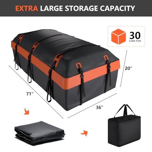 Carforu Car Rooftop Cargo Carrier Bag, 30 Cubic Feet Car Roof Cargo Carrier Bag Waterproof for All Vehicle with/Without Rack, Include Anti-Slip Mat, 2 Reinforced Straps, 6 Door Hooks and Luggage Lock