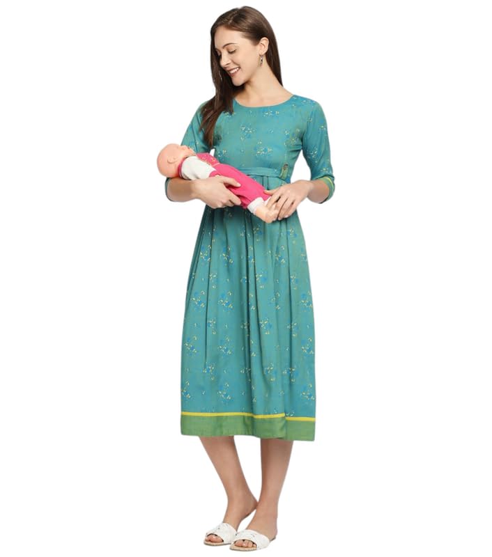 Image of DUMMY SHAPE Maternity Dresses for Women Cotton Rayon | Turquoise Printed Feeding Flare Kurta with Nursing Zippers to Breastfeeding | Pre & Post Pregnancy | Gift for Pregnant Woman (D-M-P049-XXXL)
