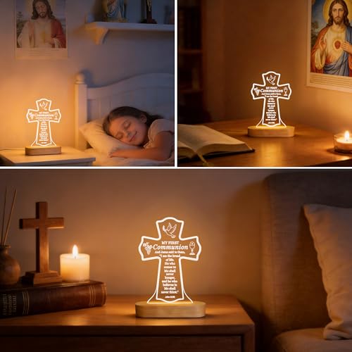 Image of Attivolife First Communion Gift for Girls Boys, LED Night Light with Wooden Base, Jesus Bible Verse Night Light I am the Bread of Life, Religious Gifts for Kid Catholic Christian Baptism Table Decor