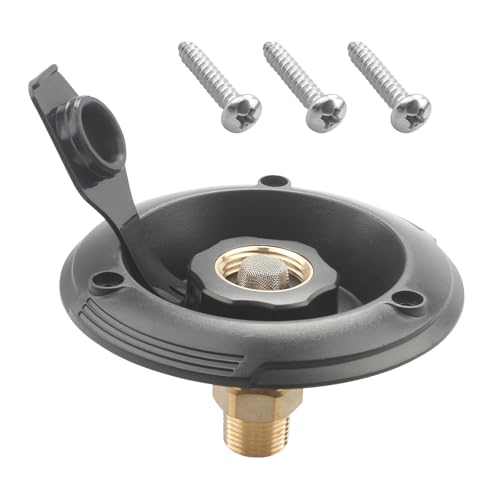 Image of RV City Water Inlet Replacement with Check Valve - 3 /4 inch NH Female to 1 /2 inch NPT Male Black Flange - City Water Connection Fill Dish for Camper, Trailer, Marine & Motorhome Plumbing