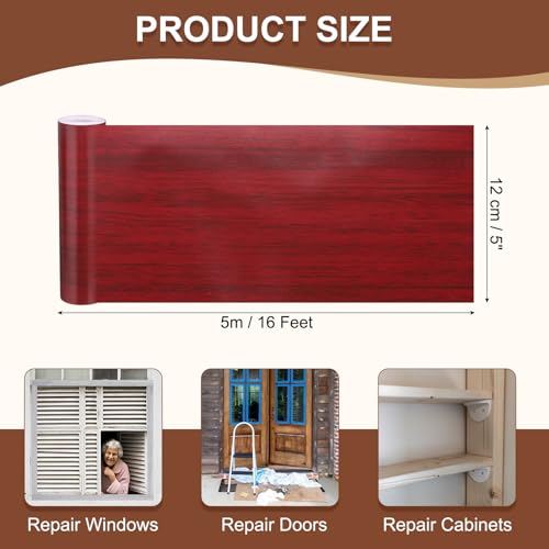 Image of MECCANIXITY Wood Grain Repair Tape, 5 Inch x 16 Feet Self Adhesive Wood Grain Tape Multi-Purpose Wallpaper Border Trim for Furniture Floors Windows Doors Tables Home, Red
