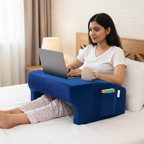 Image of Lap Desk Pillow for Bed -1 Year Warranty (23x21x12) | Soft Foam Laptop Table with Flat Top & Storage Pocket | Portable Lap Table for Bed Study, Office Work & Online Classes - Blue
