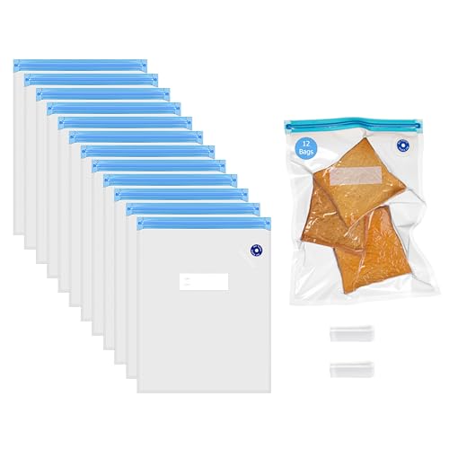 Image of Basicwise 10 inch x 13 inch Set of 12 Reusable Airtight and Resealable Food Storage Bags Durable & Convenient Solution for Fruits Fresh Vegetables Cooked Meals & Leftovers Compatible with Most Vacuum Sealers