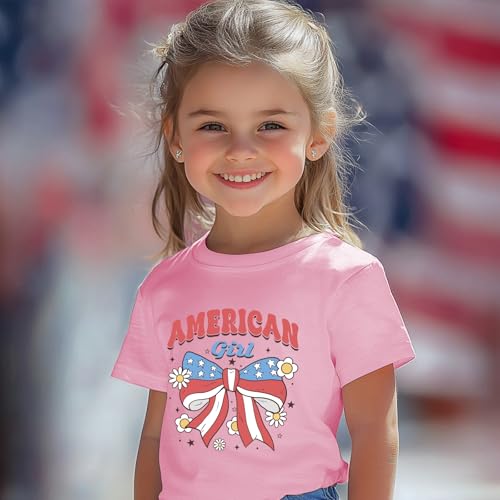 Image of Girl American Flag Shirts Bow Tshirt 4th of July Shirt Cotton Short Sleeve Tees 2-12 Years