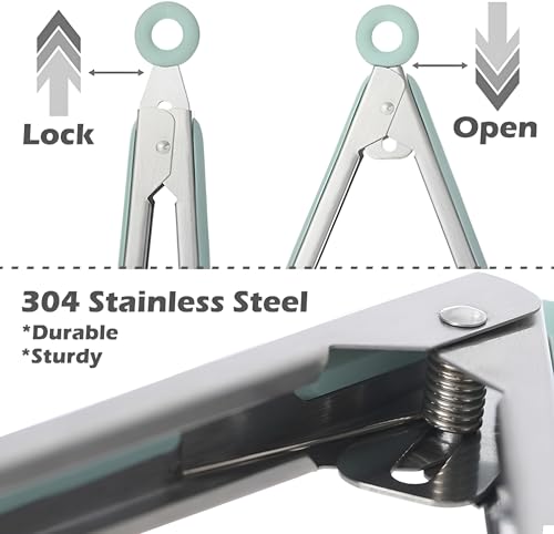 Image of YOMITH Stainless Steel Kitchen Tongs with Silicone Head, Nonstick Food Grade Cooking Tweezer Chimta for Buffet Multi Purpose Food Serving Tools (Green, 3 PCS Set)
