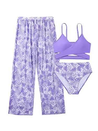 Verdusa Girl's 3 Piece Floral Bikini Sets Criss Cross Swimsuit Bathing Suits with Cover Up Pants