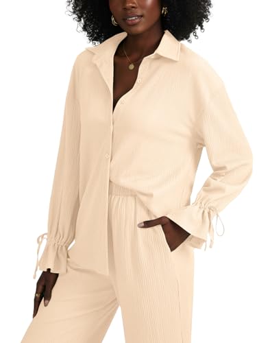 LYANER Women's 2 Piece Outfits Button Down Long Sleeve Shirt and Wide Leg Pants Set4