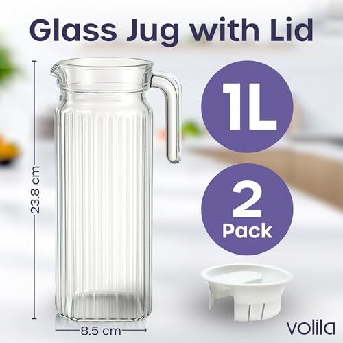 Fridge Jug 1L Glass Water Jug with Lid (2 Pack) - Clear Water Pitcher with Ribbed Glass Design & Handle for Fridge Shelf & Everyday Use with Vented Spout - Juices, Pimms & Picnics - Image 3