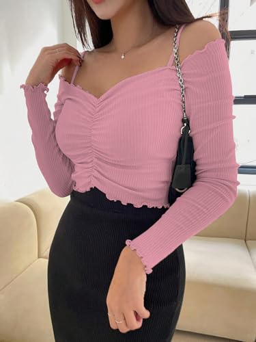 Image of Sugathari Women's Purple Solid Colour Open Cold Off Shoulder Long Sleeve Lettuce Hem Casual Autumn Trim Tight- Slim Fitting Ruched Front Ladies' Camisole Top, Tee, T-Shirt (T-Shirt 184)