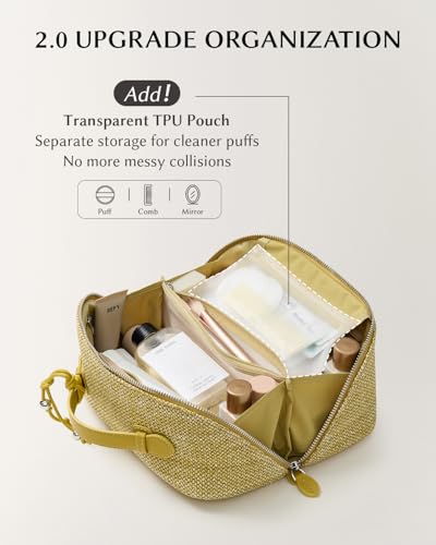 Image of EACHY Makeup Bag, Woven Travel Toiletry Bag, Portable 180 Wide-Open Flat Cosmetic Bags for Women, Large Capacity Makeup Pouch with Divider and Handle