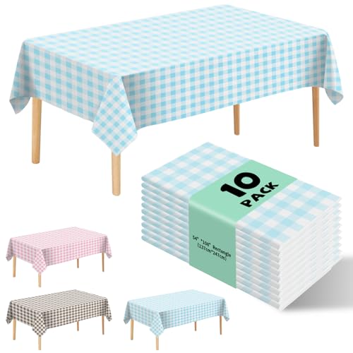 JHDZDHY 10 Pack Blue Checkered Plastic Table Cloth 54x108 Inch Disposable Waterproof Rectangle Tablecloth for Party Birthday Wedding Picnic Outdoor