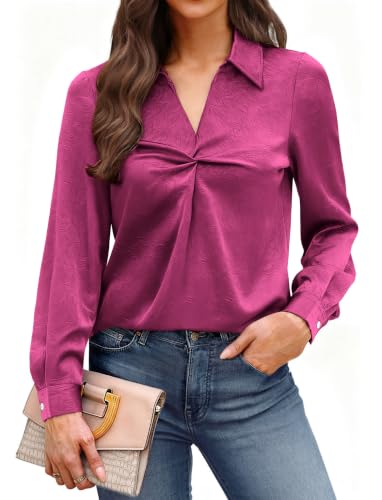 RUMIA Longsleeve Satin Silk Fall Blouses Shirt for Women Business Work Top Fuchsia — view 4