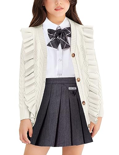 Image of Arshiner Girls Cardigan Sweaters Ruffle School Uniform Sweater V Neck Button Front Outerwear 4-13 Years