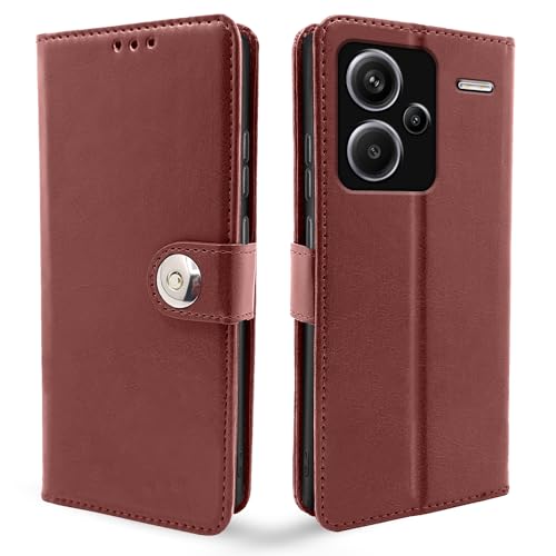 Image of Pikkme Redmi Note 13 Pro Plus 5G Flip Cover Leather Finish | Inside TPU with Card Pockets | Wallet Stand and Shock Proof | Magnetic Closing | Complete Protection Button Flip Case (Brown)