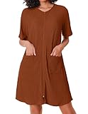 Ekouaer Women Zipper Robe Short Sleeves House Dress Knit Short Bathrobe Sleepwear with Pockets Housecoat Nightgown