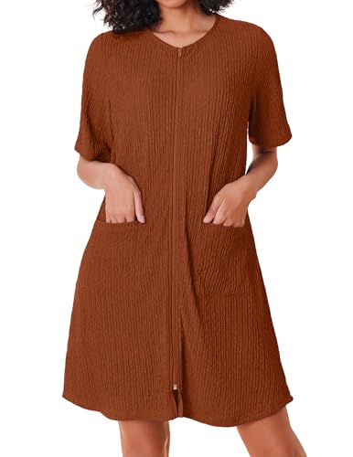 Ekouaer Women Zipper Robes Knit Short Bathrobe Lightweight House Coat with Pockets Soft Nightgown 3-3XL