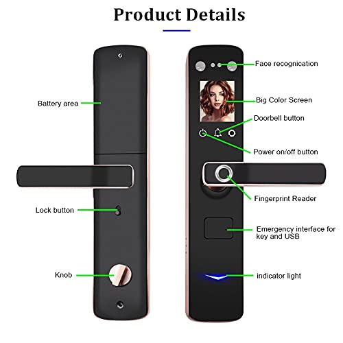 Fechadura de porta com reconhecimento facial Fechadura de porta de desbloqueio de 7 vias em liga de