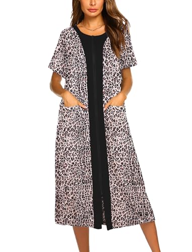 Ekouaer Robes For Women Zipper Front Bathrobe Short Sleeve House Coat Long Nightgown With Pockets Soft Loungewear