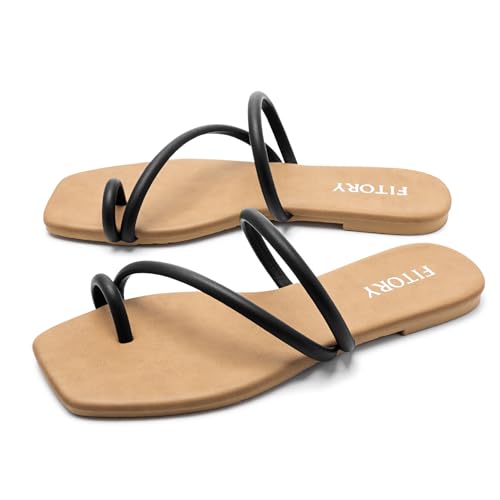 FITORY Women's Cross Strap Flat Sandals,Fashionable Toe Ring Thong,Open Toe Slide Shoes for Summer Black Size 6 — view 5