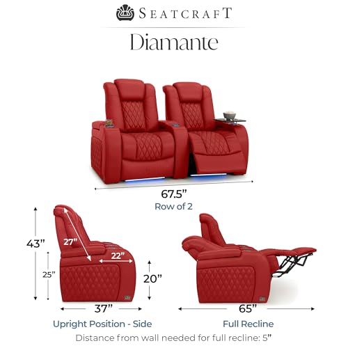 Image of Seatcraft Diamante Red Italian Leather Home Theater Seating, Zero Gravity Power Recliner Gaming and Home Office Chair, Powered Headrest Lounge Sofa Furniture for Cinema Room, Row of 2