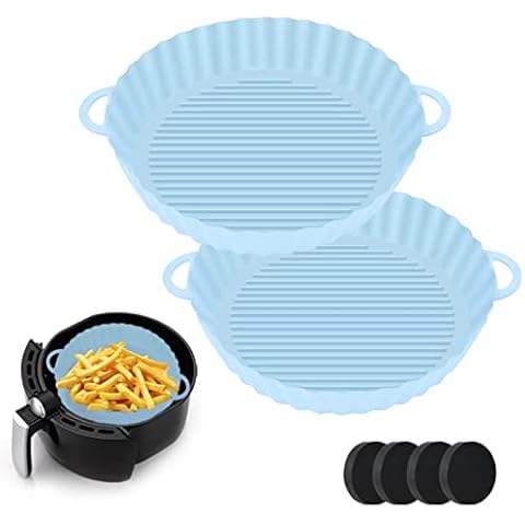 KAMEUN Air Fryer Liners Silicone, 2Pc Reusable Air Fryer Round Silicone Pot, Heat Resistant & Easy to Clean, Food Safe Non Stick Air Fryer Basket Oven Kitchen Accessories Baking Roasting, Sky Blue Cover