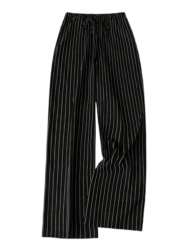 WDIRARA Women's Striped Wide Leg Pants Elastic High Waisted Loose Pants Black and White X-Large
