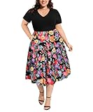 CARCOS Plus Size Dress for Women Patchwork Short Sleeve Summer Dresses Colorful Floral Elegant Tiered V Neck Tshirt Dress with Pocket High Waist Beach Midi Dress 2XL 18W 20W