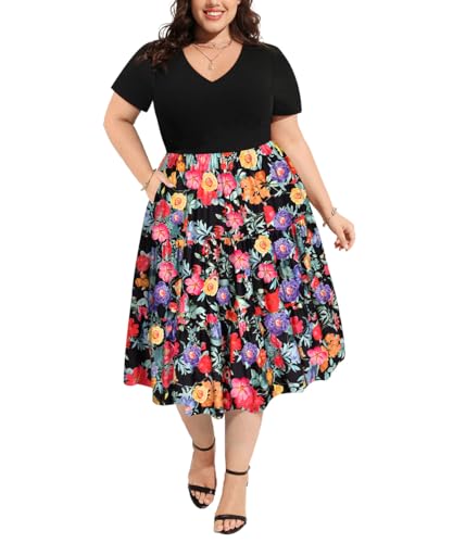 Image of CARCOS Plus Size Dresses for Women Summer Short Sleeve V Neck Patchwork Dresseses XL-5XL