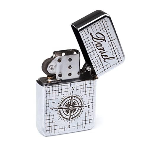 Wanapix | Mechero de Gasolina Personalizado | Mechero Plateado Personalizado con Diseño + Nombre | Mecheros Personalizado con Grabado Láser a 1 Cara | Gasolina No Incluida | Brújula