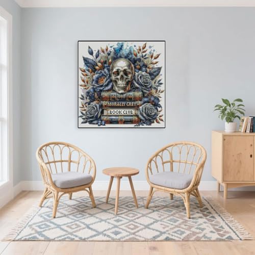 Image of Skull Stamped Cross Stitch Kits Skull and Book Cross Stitch Patterns,Dimensions Cross Stitch Kits Embroidery Kit Arts and Crafts for Beginners 13.7x13.7 inch
