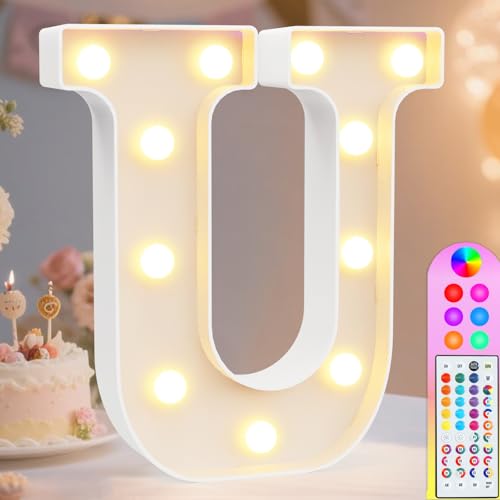 Image of Pooqla Colorful Light Up Letters with Remote, Upgraded 35 Colors LED Marquee Letters, RGB Lighted Letter for Girls Teenager Gift, Birthday, Party, Wedding, Night Light, Room, Bedroom Decor, Letter U