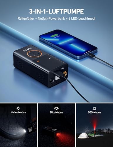 AstroAI Kabelloser Elektrische Luftpumpe, Tragbare Akku Fahrradpumpe mit alle ventile, LED-Licht, Wiederaufladbare Reifenpumpe für Fahrrad, E-Bike, Auto, Motorrad, Bälle, Schwarz
