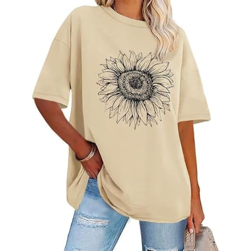 Womens Oversized Tshirt Graphic Tees Crew Neck Summer Short Sleeve Loose Fit Tops (A-Sunflower Print Khaki, S)